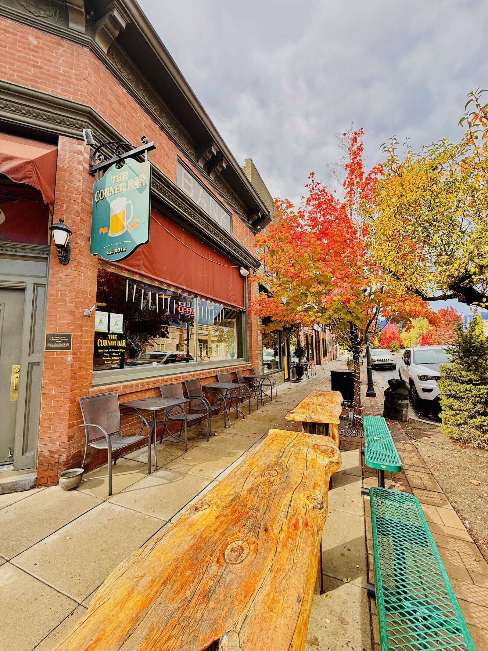 The Corner Bar's brick front on Esmeralda in the fall