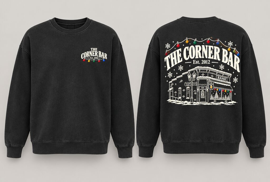 Black Corner Bar Christmas crewneck, front and back