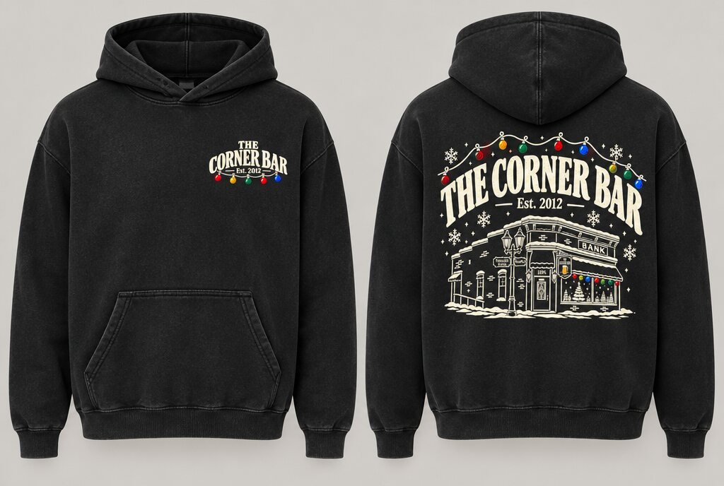 Black Corner Bar Christmas hoodie, front and back