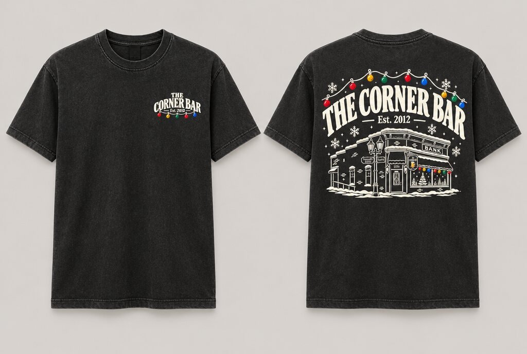 Black Corner Bar Christmas t-shirt, front and back