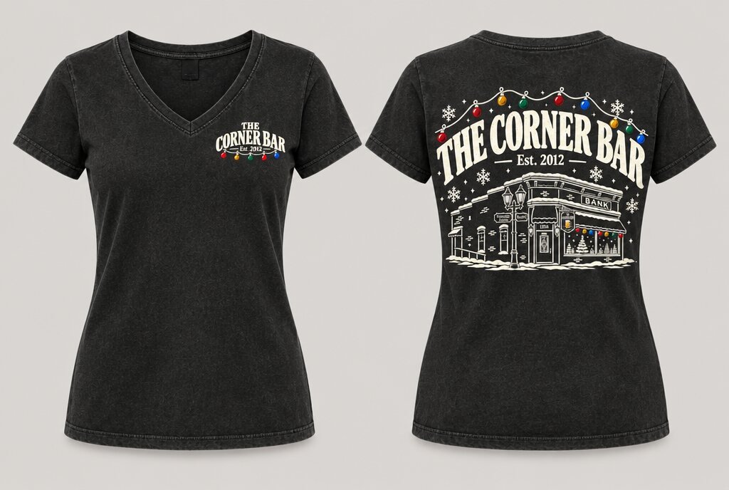 Black Corner Bar Christmas women's v-neck, front and back